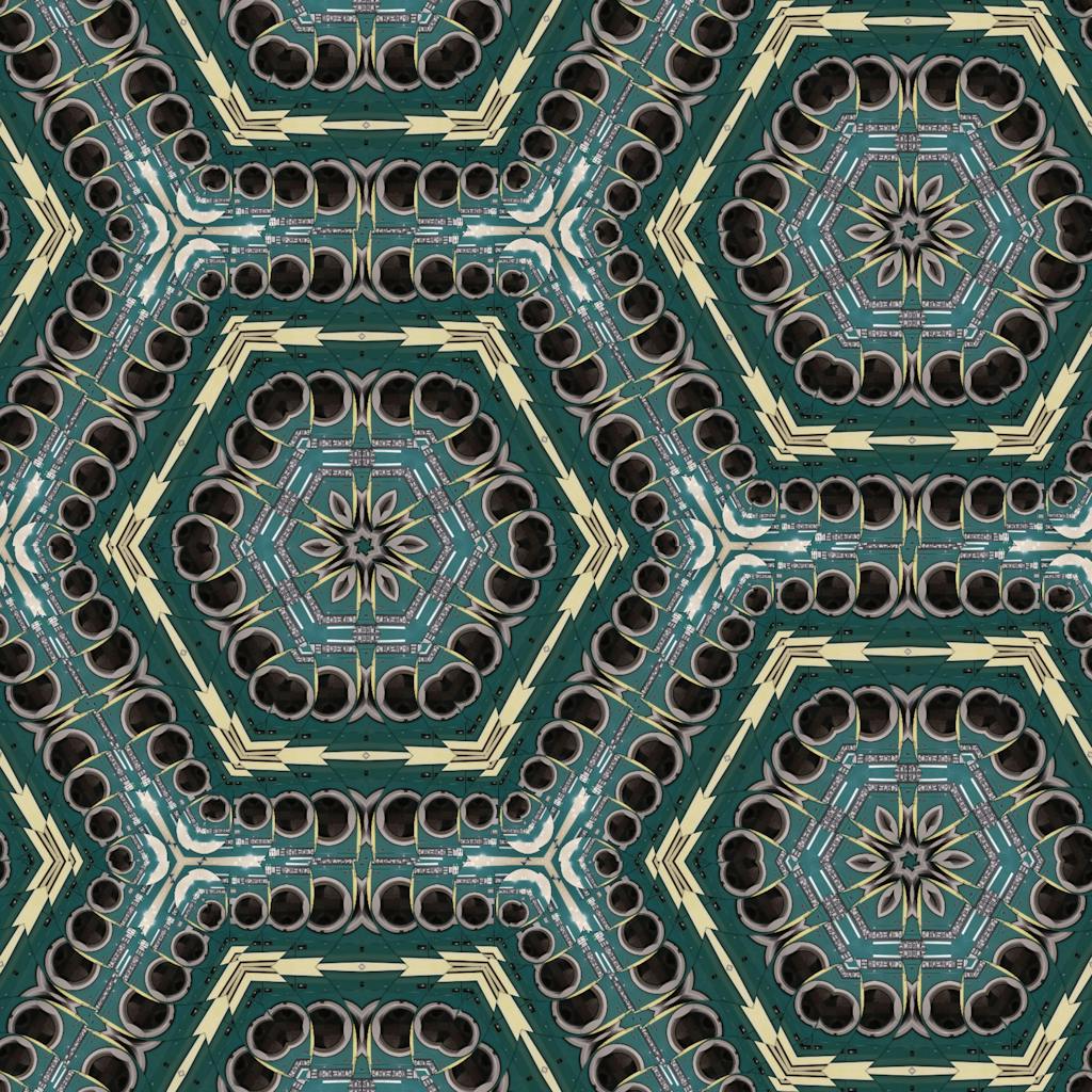 Abstract hexagonal pattern with intricate geometric shapes in earthy tones, ideal for wallpaper.